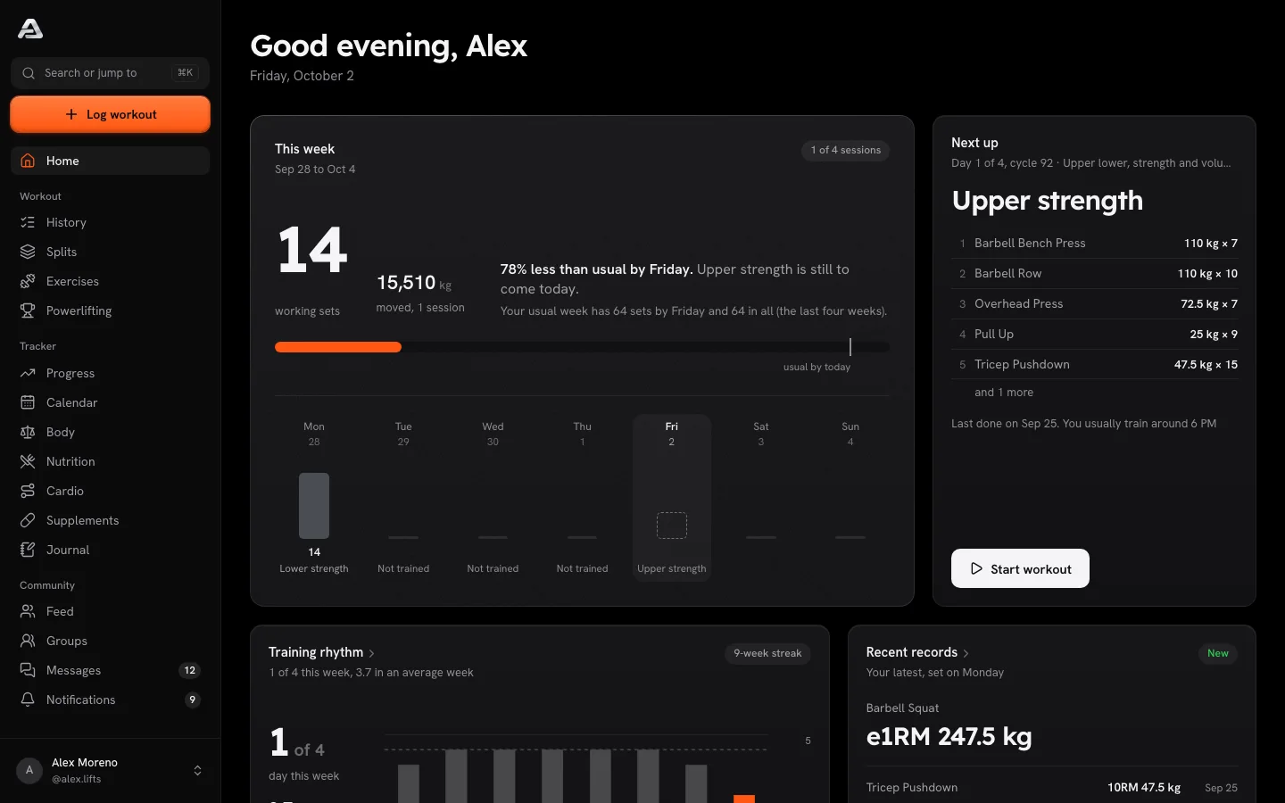 The Awekn web app's home: this week's working sets against your usual, the next workout with last time's numbers, your training rhythm and recent records.